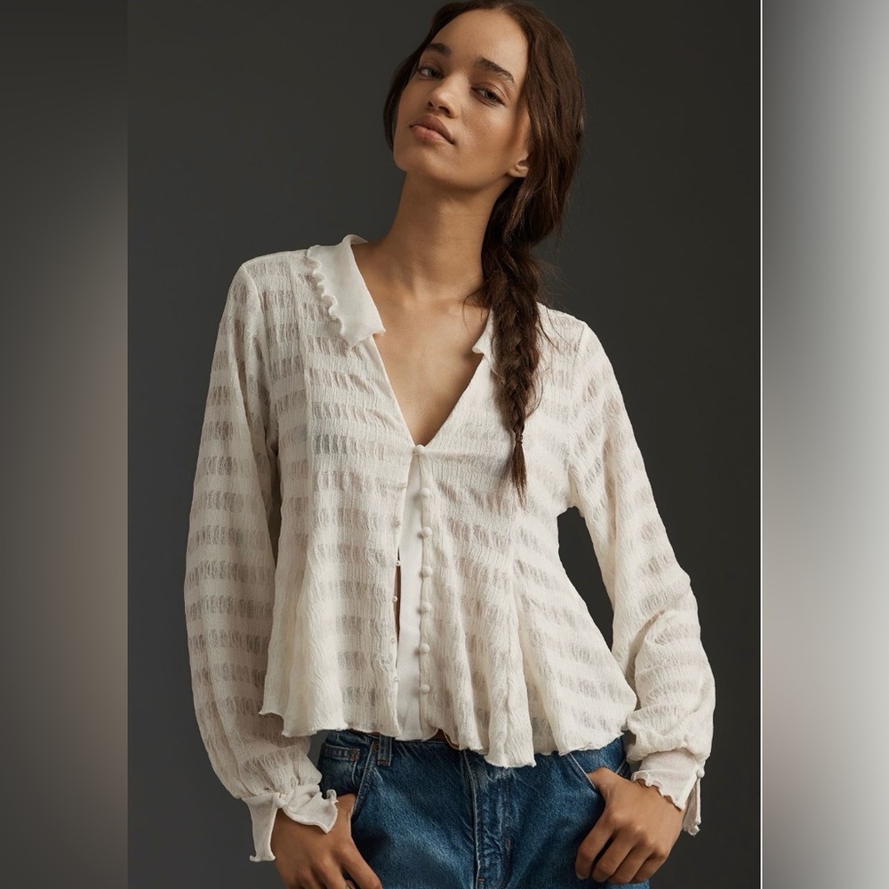 Textured ribbed sheer blouse button top puff sleeves